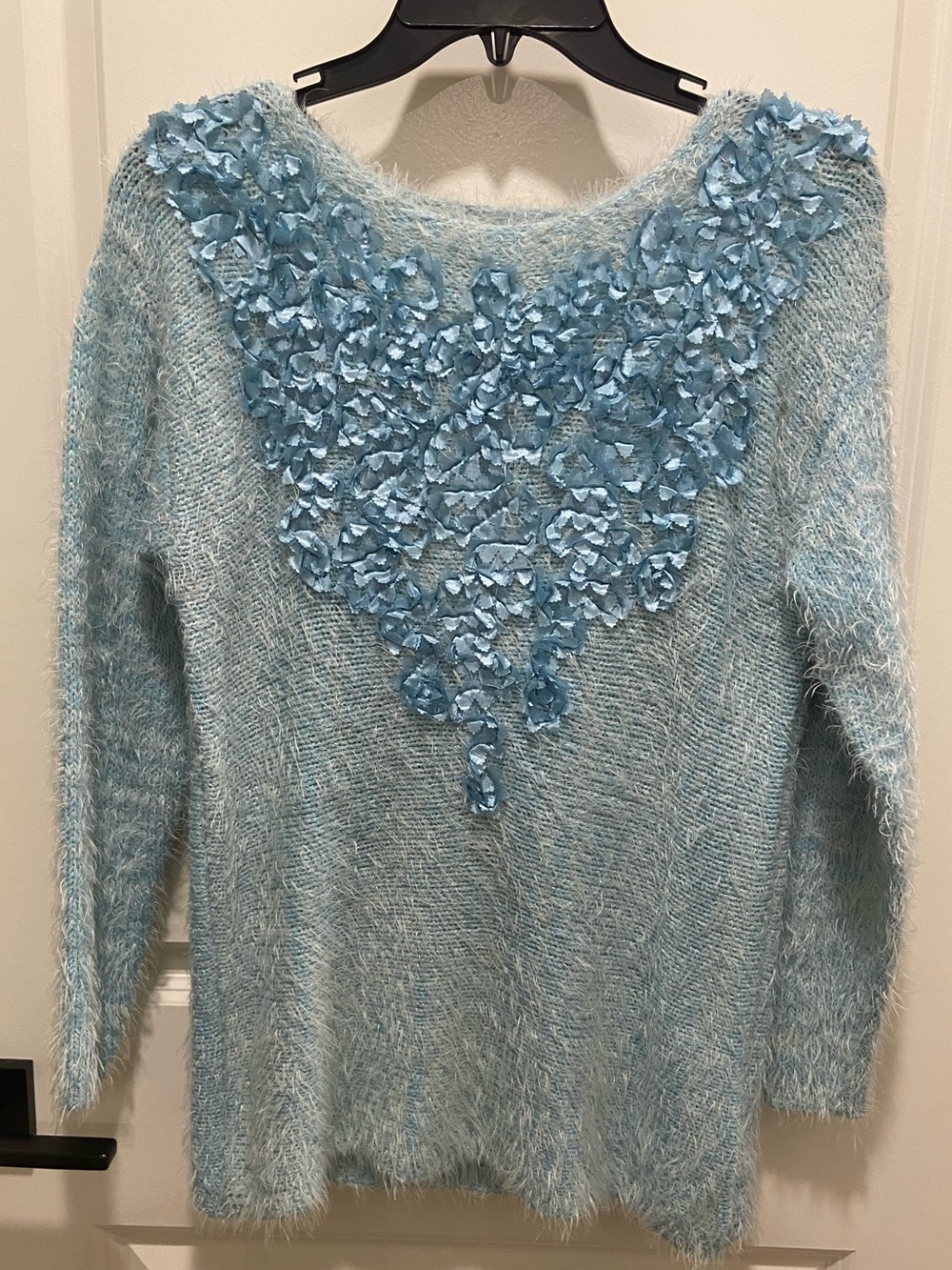 Ruby Rd. Light Blue Fuzzy Sweater with Floral Appliqué